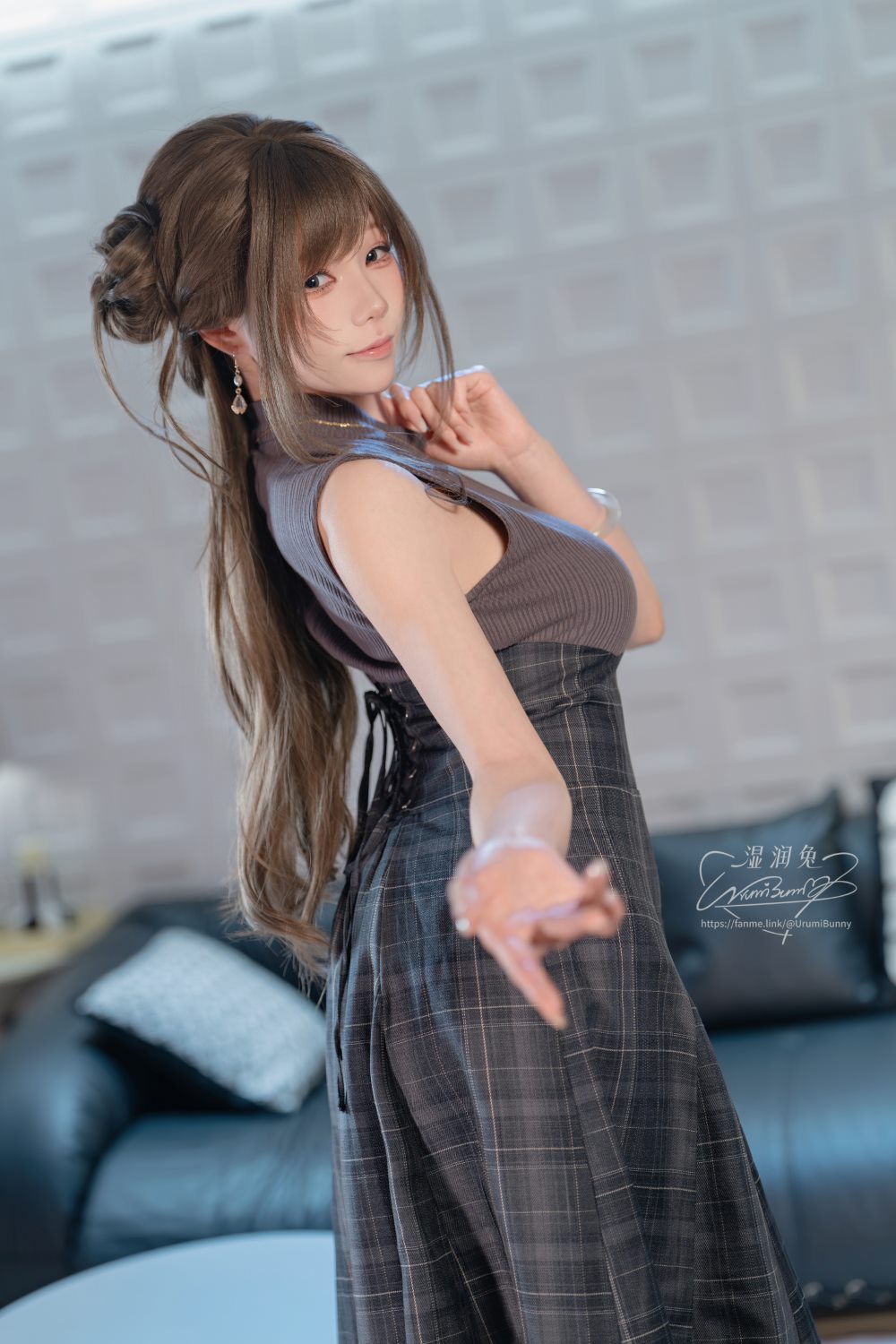 作品,都市,长裙,经典,团子,咬一口兔娘,黏黏团子兔,网友咖啡馆,针织上衣,格纹长裙