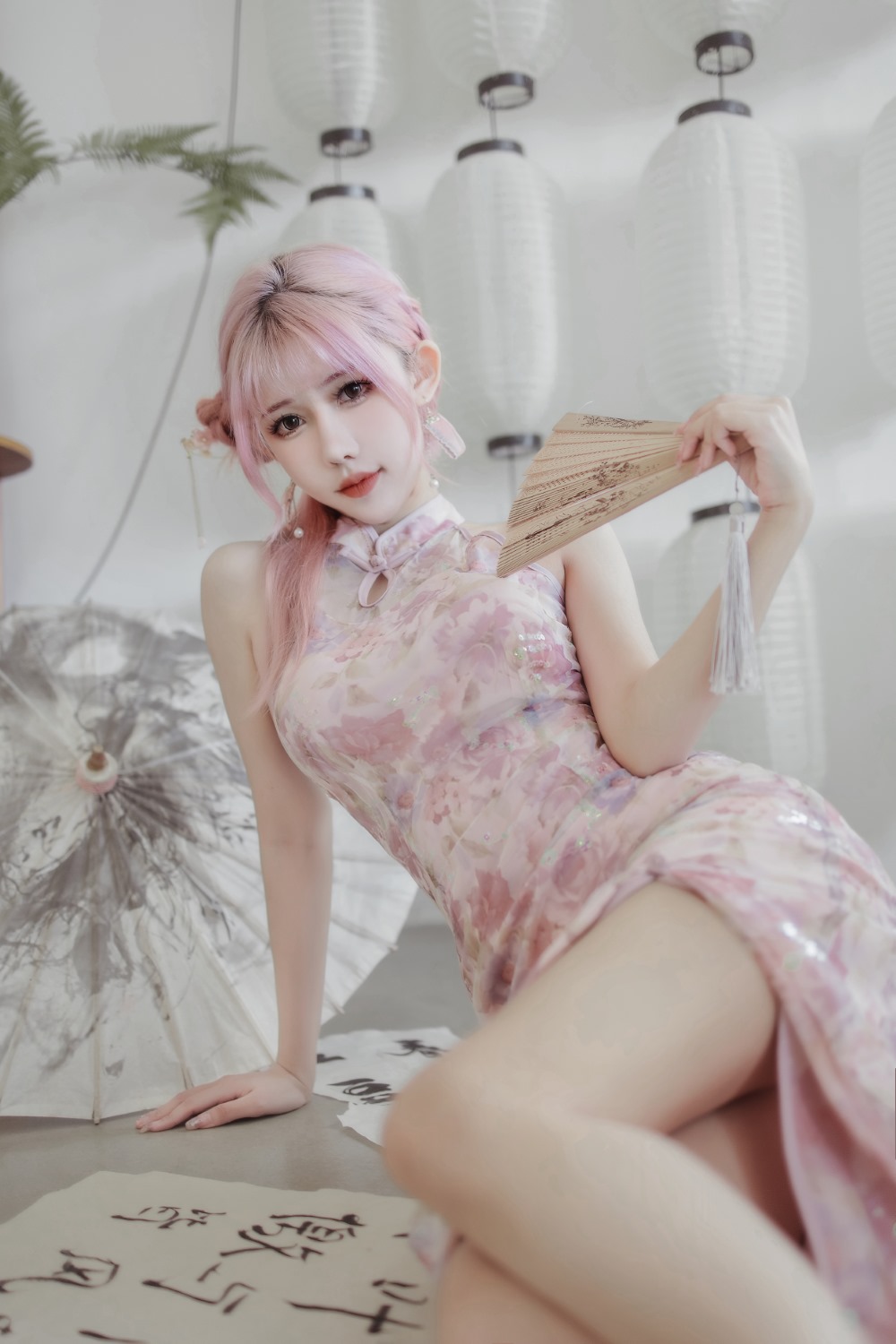 旗袍,粉色,仙女月,粉色旗袍