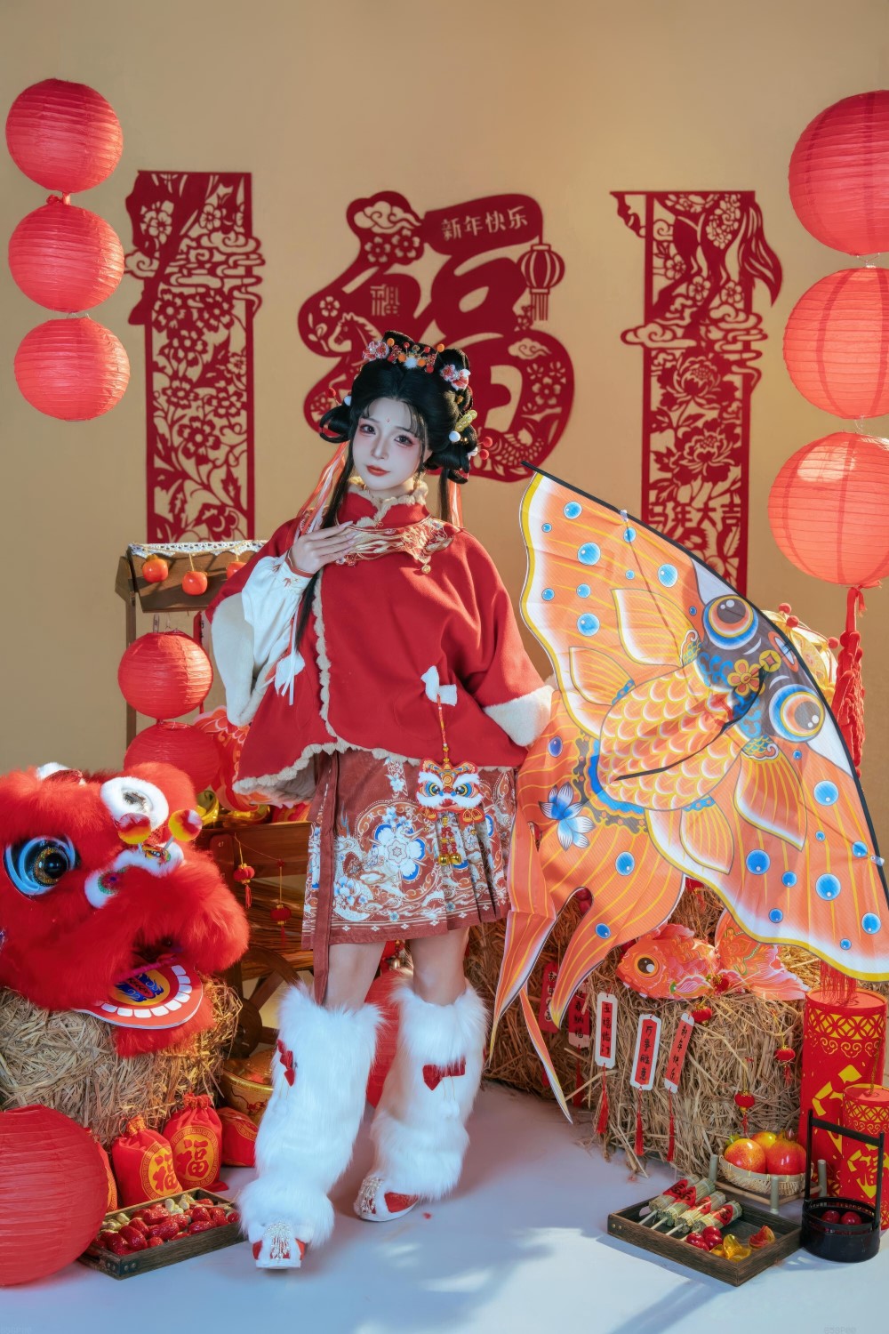 yuuhui玉汇 2026新春特辑 醒狮少女 模特,情趣,少女,白色,2026,yuuhui玉汇,醒狮少女,红灯笼,金元宝,巨型鲤鱼风筝