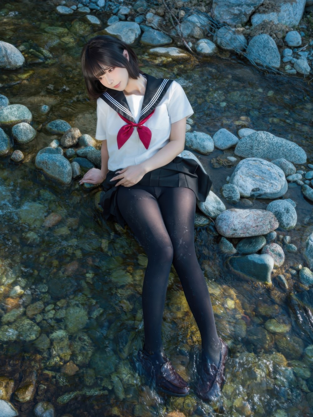 模特,作品,丝袜,水手服,服装,少女,黑色,经典,百褶裙,黑色丝袜,静谧,午后,yuuhui玉汇,日系校园,黑色百褶裙,红色领结,棕色皮鞋