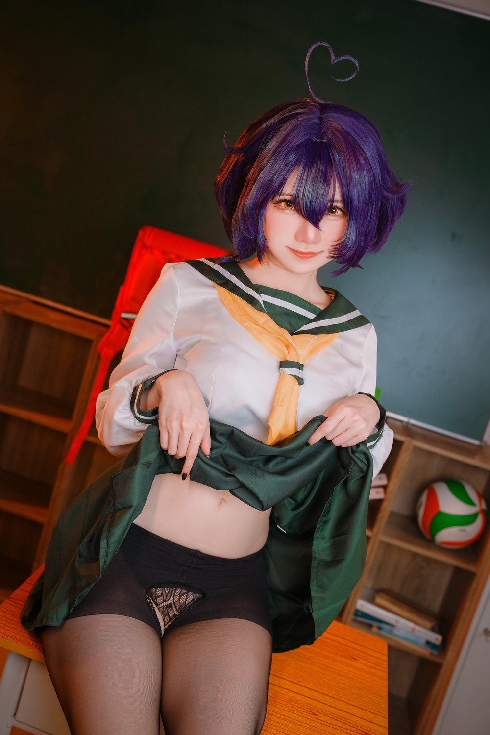 短发,水手服,少女,经典,百褶裙,白色,课桌,w,Sally,Dorasnow,马来西亚,经典水手服,紫黑渐变短发
