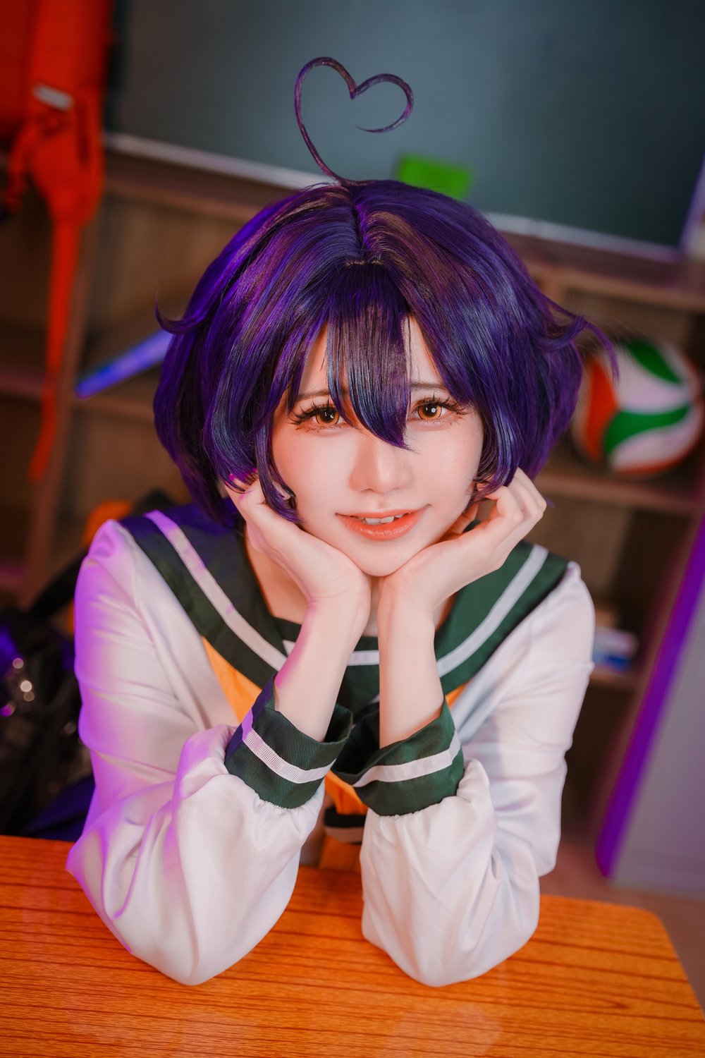 短发,水手服,少女,经典,百褶裙,白色,课桌,w,Sally,Dorasnow,马来西亚,经典水手服,紫黑渐变短发