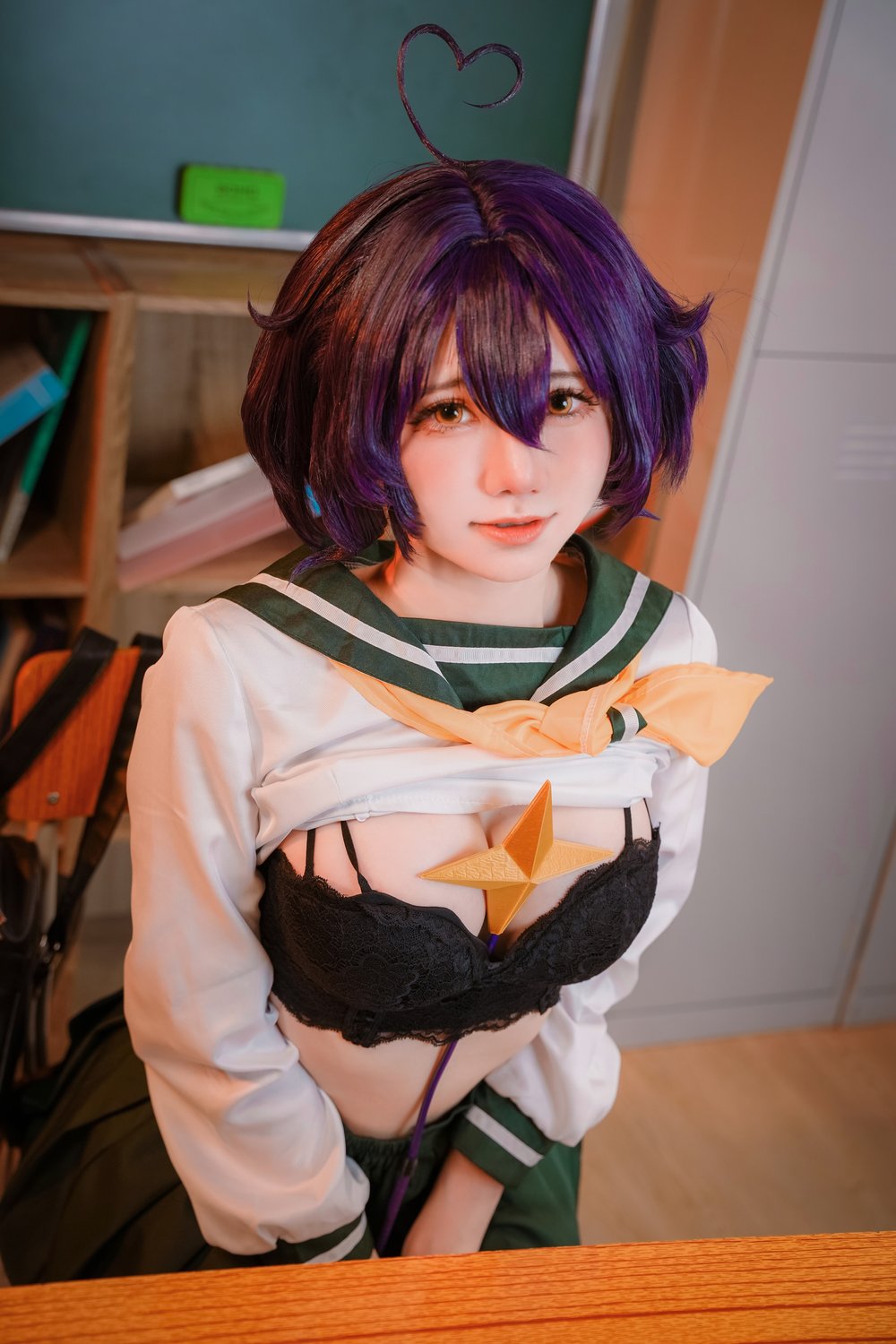 短发,水手服,少女,经典,百褶裙,白色,课桌,w,Sally,Dorasnow,马来西亚,经典水手服,紫黑渐变短发