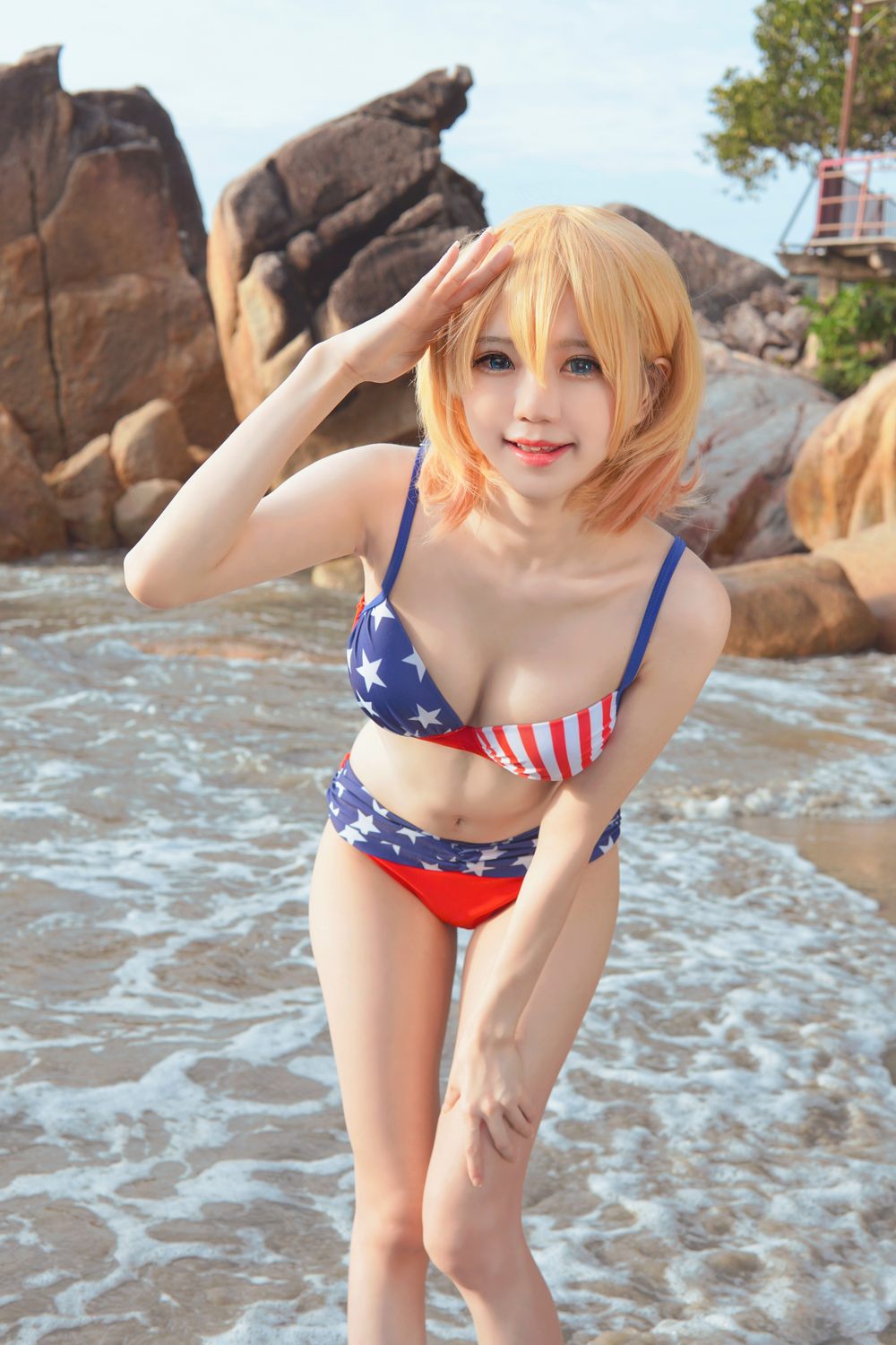短发,比基尼,in,白色,w,B,深蓝,Sally,Dorasnow,马来西亚,Mami,Nanami,Bikini,美式星条旗图案比基尼