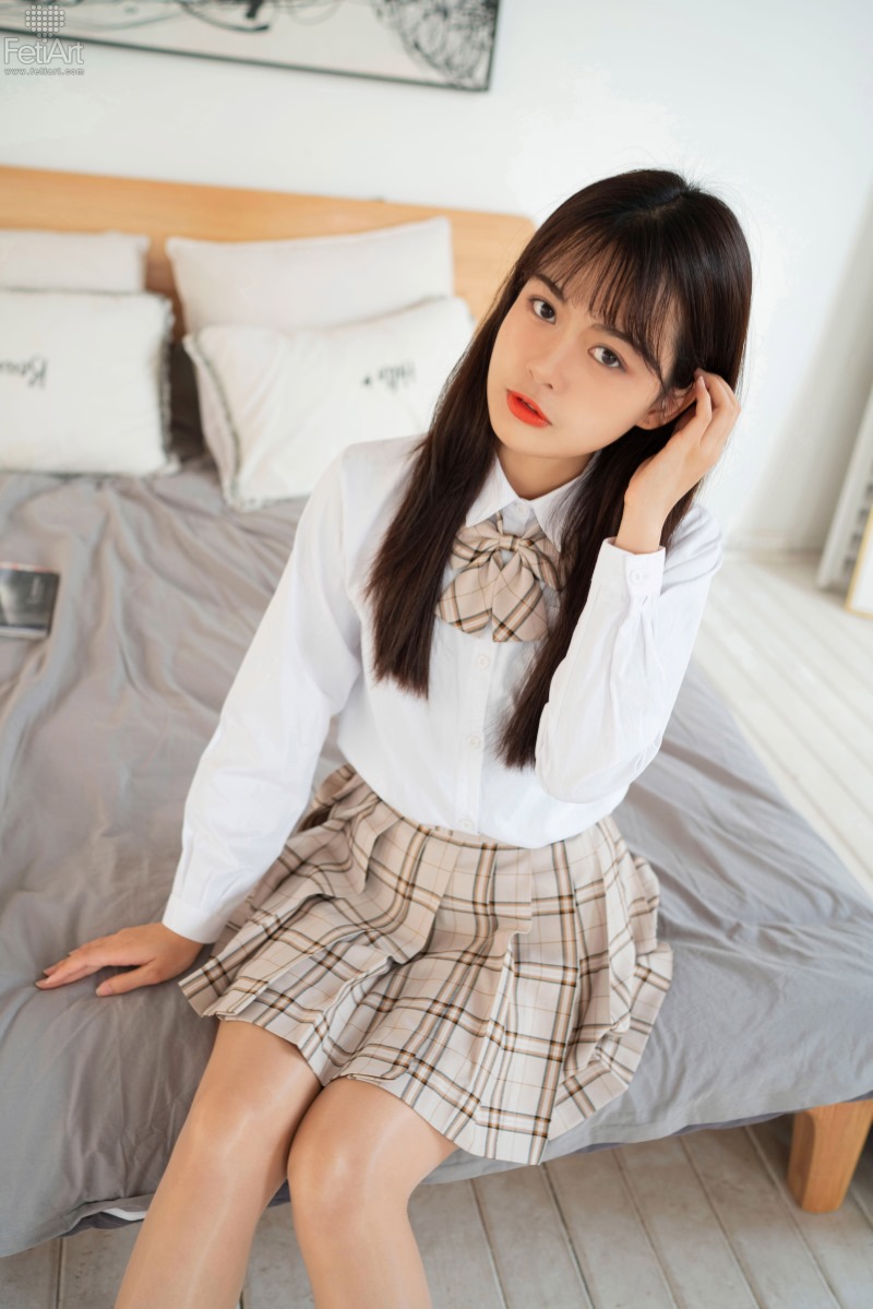 模特,女孩,制服,短裙,衬衫,少女,居家,经典,白色,长发,文静,艺术,Pretty,Re,Yoake,格纹领结,白色长袖衬衫,格纹领结与短裙