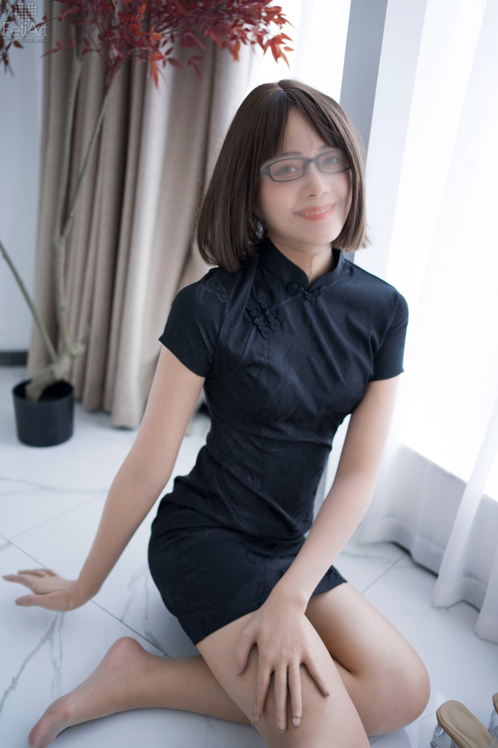 模特,短发,旗袍,黑色,MMI,微微,眼镜,静谧,On,Miss,东方韵味,黑色短袖旗袍