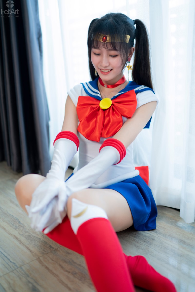 模特,作品,COSPLAY,水手服,COS,双马尾,长手套,连体衣,经典,蝴蝶,白色,MMI,蝴蝶结,红色蝴蝶结,白色纱帘,青春洋溢,紧身连体衣,护腕,On