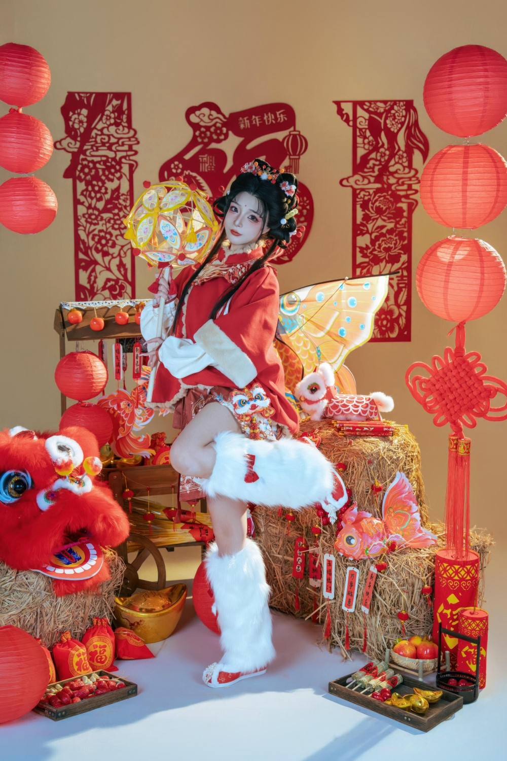 yuuhui玉汇 2026新春特辑 醒狮少女 模特,情趣,少女,白色,2026,yuuhui玉汇,醒狮少女,红灯笼,金元宝,巨型鲤鱼风筝