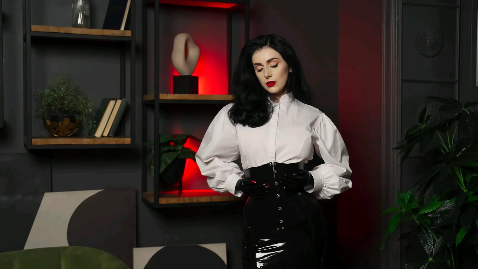 Combination of latex and casual clothing