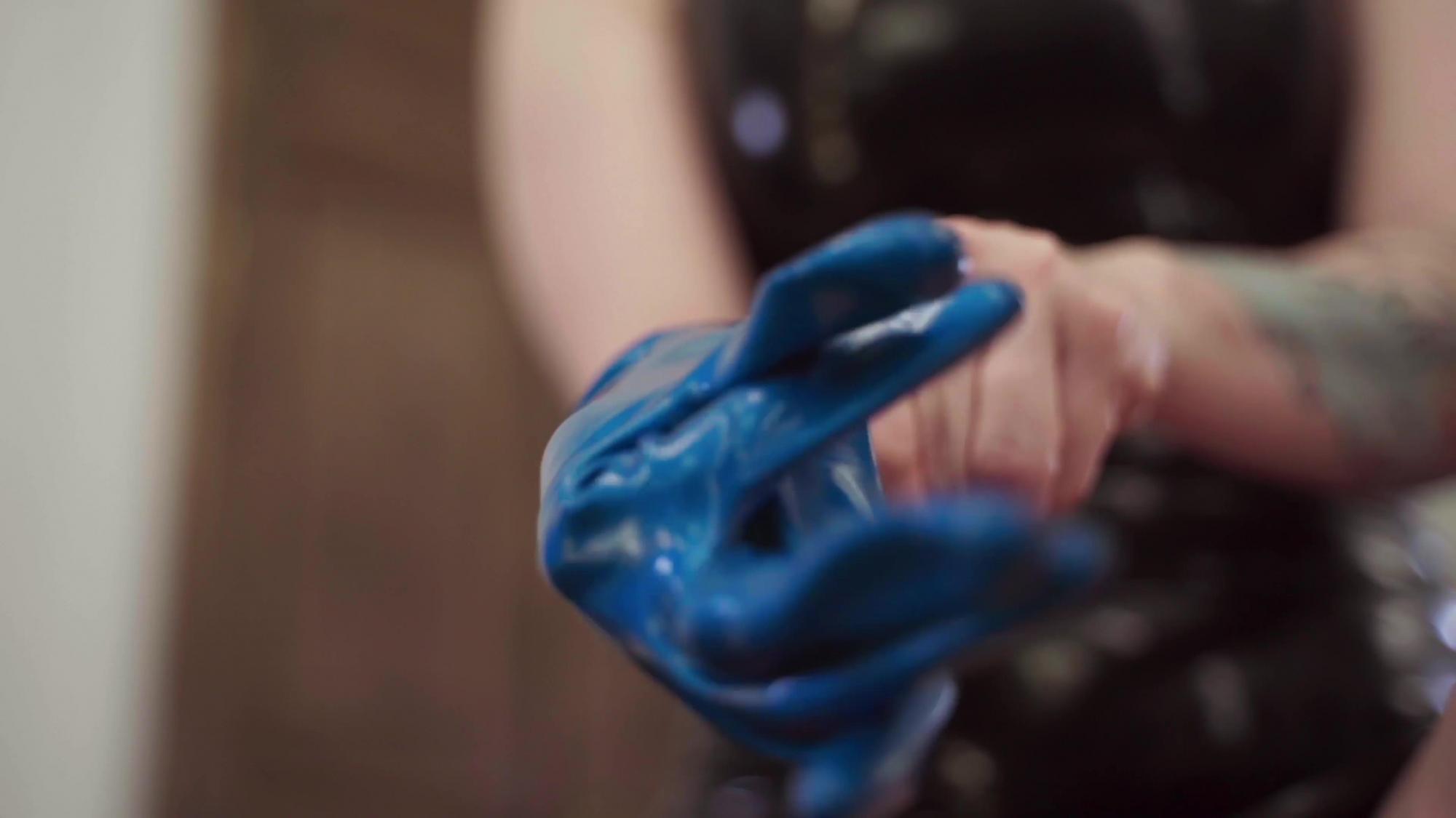 Fitting of blue latex gloves ASMR